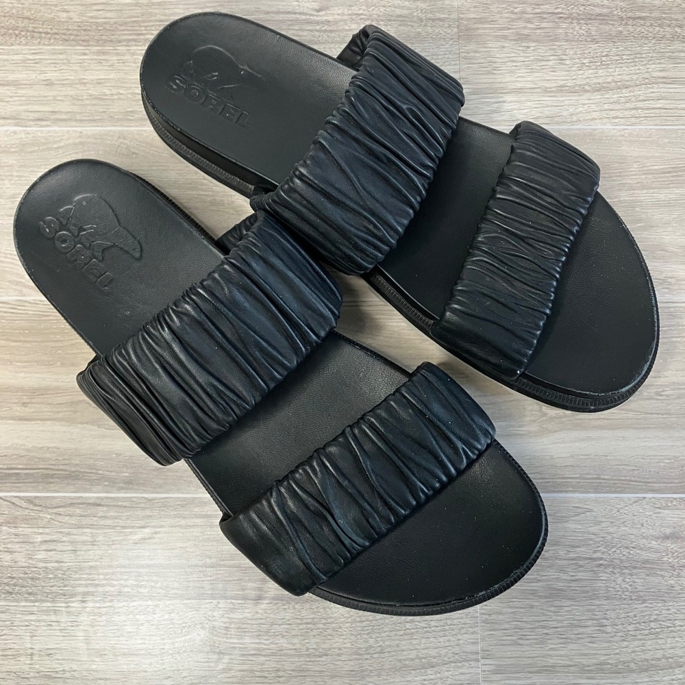 SOREL Roaming Ruched Slide Sandals Size 10 Leather Double Strap Vacation Black - Picture 4 of 11